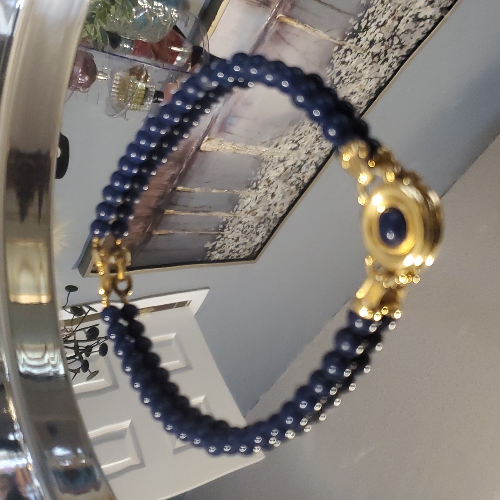 Vtg. Richelieu Blue Beaded Goldtone Clasp Choker Necklace